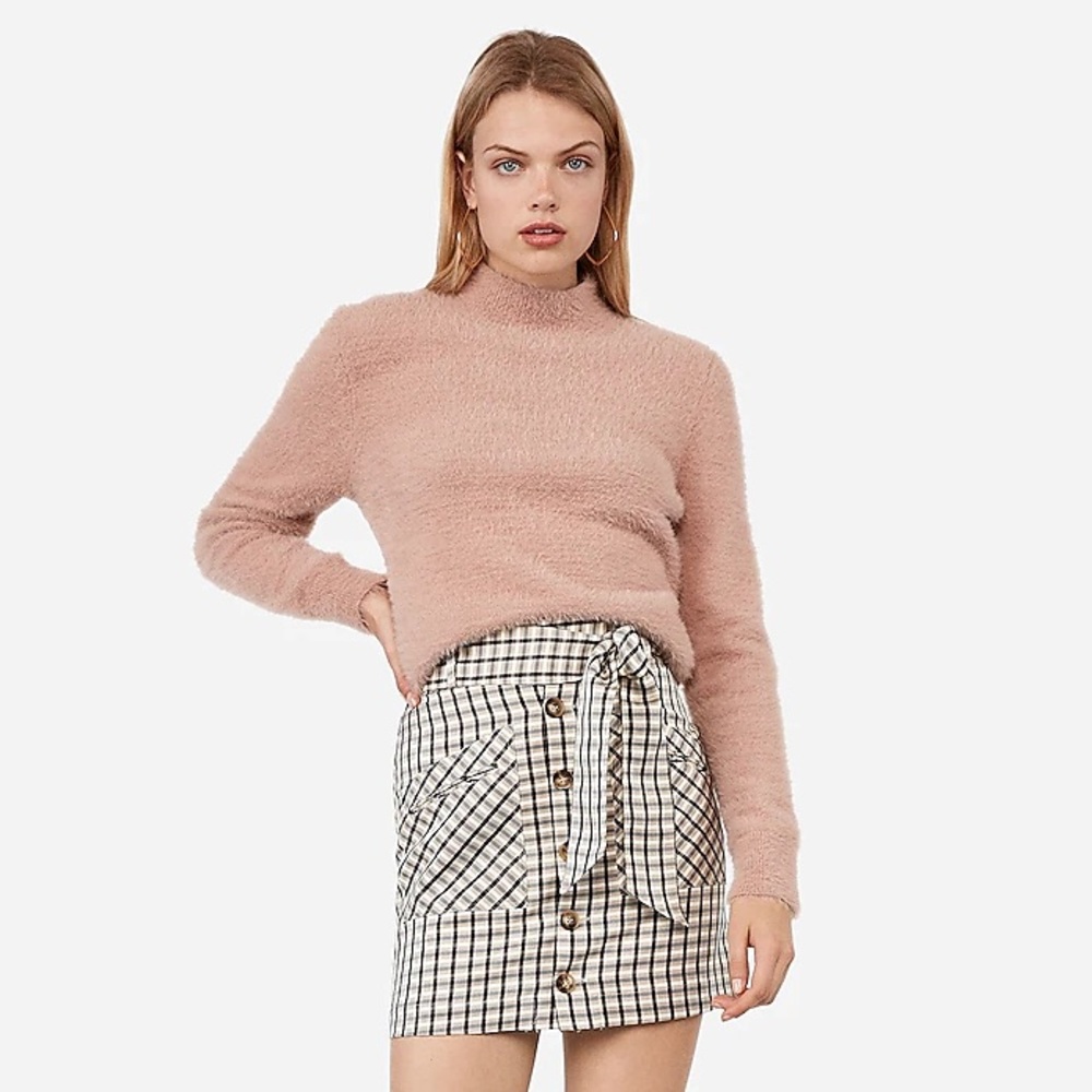 Express Negin Fuzzy Mock Neck Sweater Powder Pink